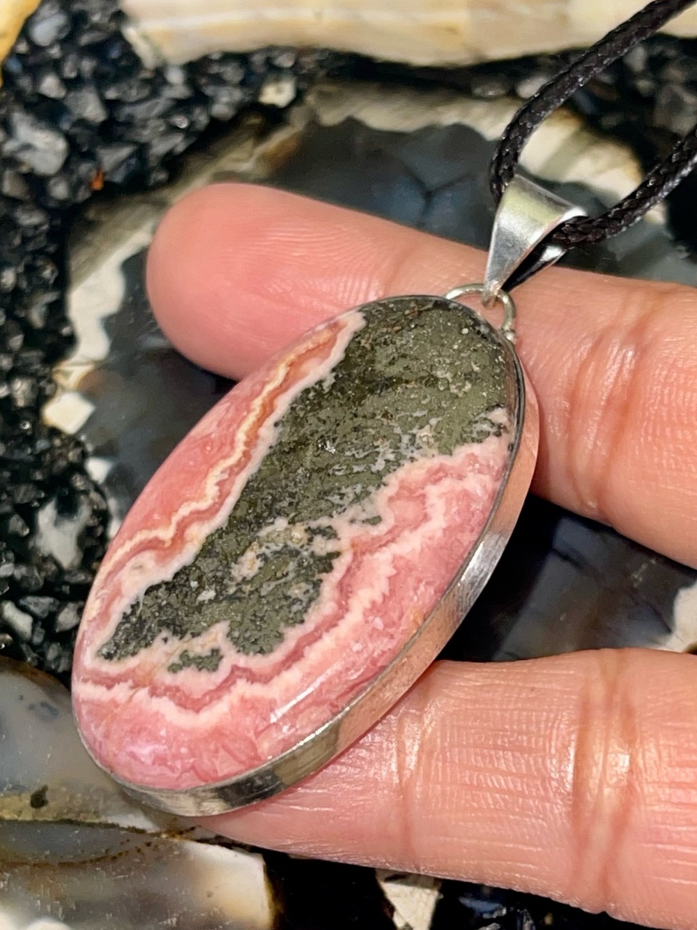 Pink Rhodochrosite in Pyrite Pendant Crystal 2 1/4”